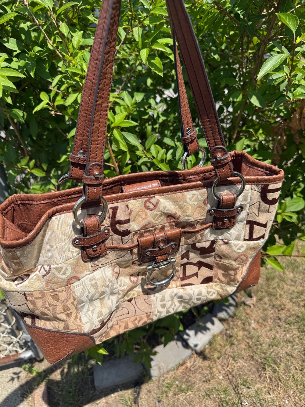 Etienne Aigner Designer GUC Brown Patchwork Tote Bag See callouts